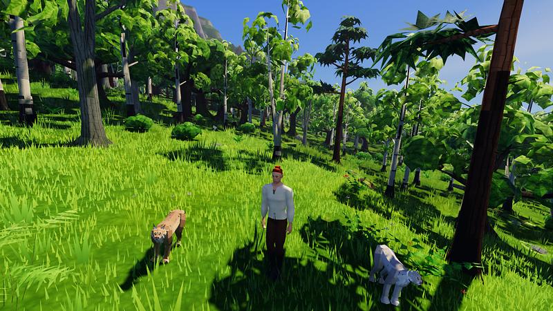 The man stands in a sunny pine wood, with a lynx and another wild animal close by.