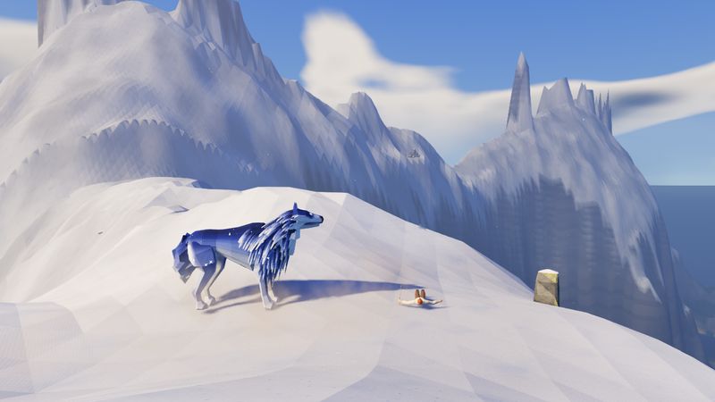 Hati the Moon-Hound stands over a fallen player on a snowy peak.