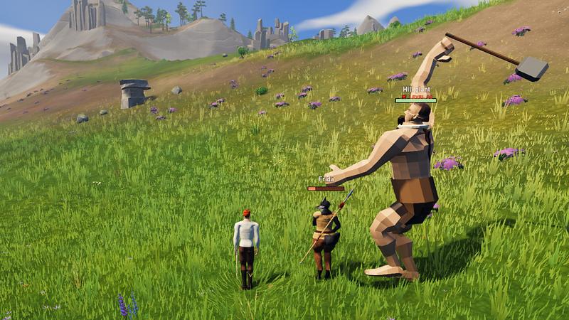 The man and his wife face a hill giant who raises a huge hammer on a grassy slope.