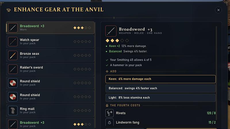 The Enhance gear window at the anvil, with a broadsword at plus three.