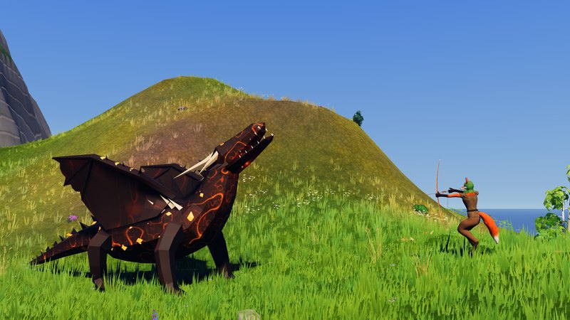 A fire drake roars on a grassy hill while a fox archer draws her bow at it.