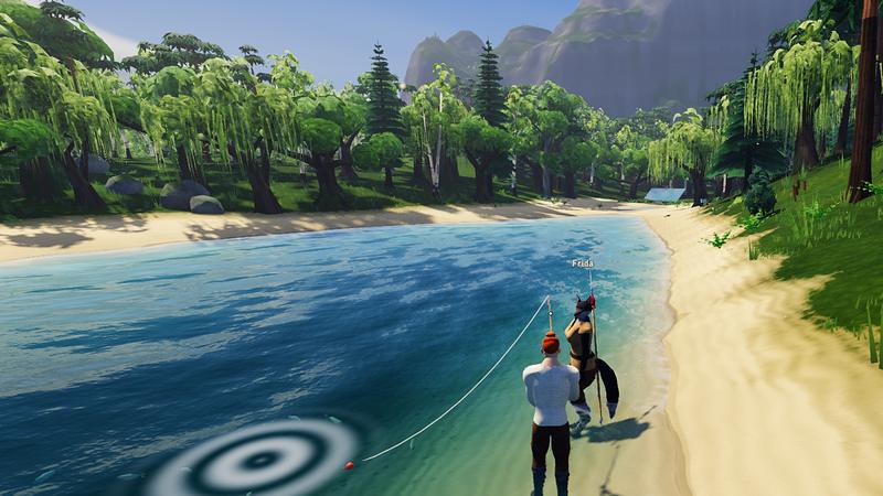 The man casts a line into a clear lake from a sandy shore, with his anthro wife beside him.