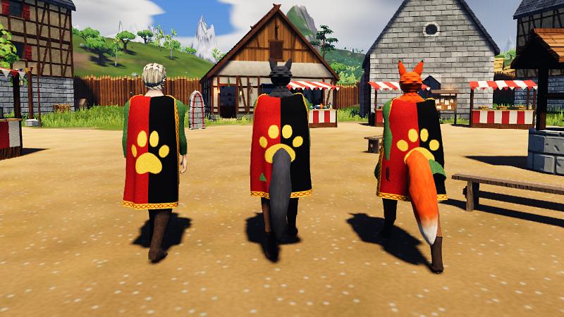 The man, an anthro wolf and an anthro fox walk across a town square in matching guild capes.