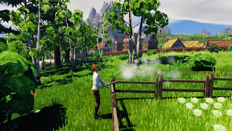 The man fires a handcannon over a fence, and a cloud of smoke drifts across the field.