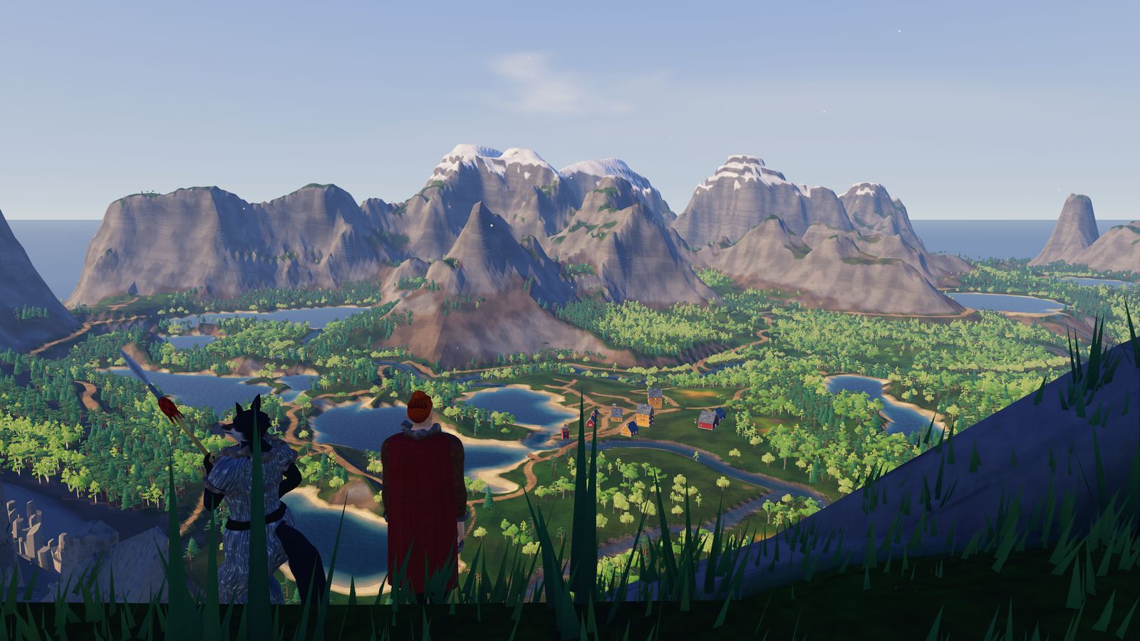 A man in a red cloak and his anthro wife look out over a sunlit valley of lakes, forest and mountains.