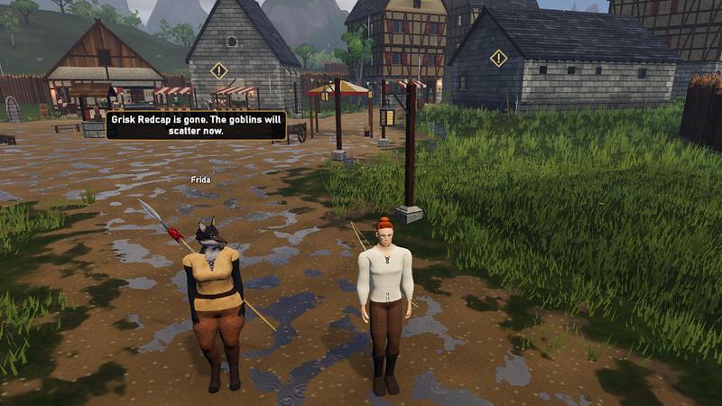 The man and his anthro wife stand in a town square. She says the goblin chief Grisk Redcap is gone.