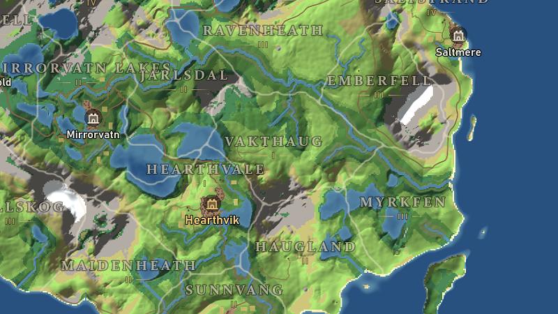 The world map, with Hearthvik and the names of the regions around it.