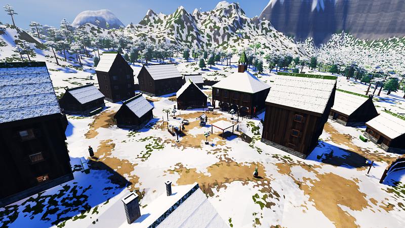 A northern town under fresh snow, with snowy mountains behind it.