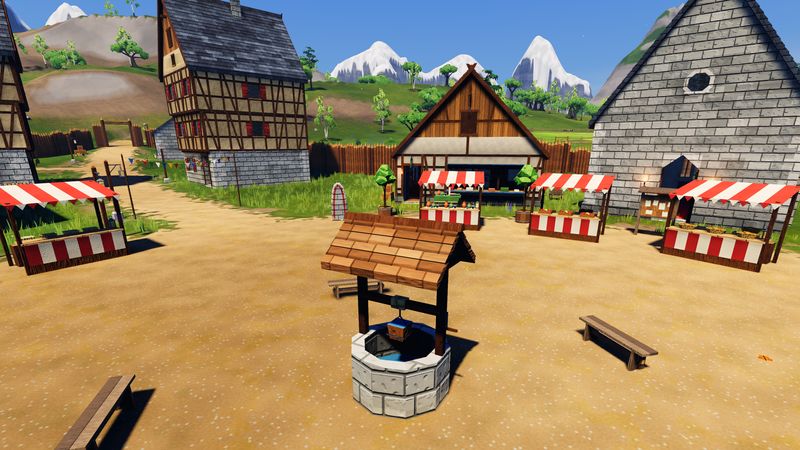A town square with a well, market stalls and half-timbered houses.