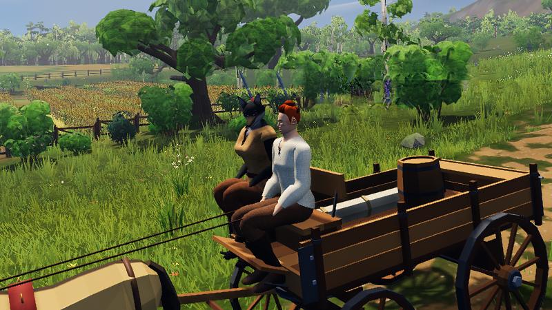 The man and his anthro wife sit on the bench of a horse-drawn wagon beside a farm field.