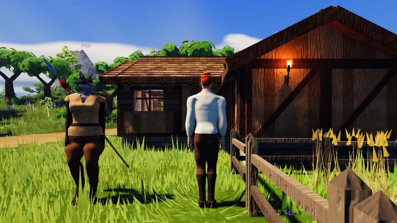 A dark-furred anthro woman and her husband stand by their house and wheat field.